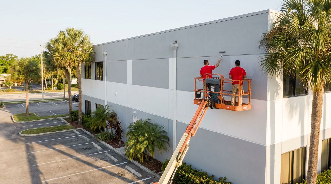 Painters on a lift repainting a Florida commercial plaza
