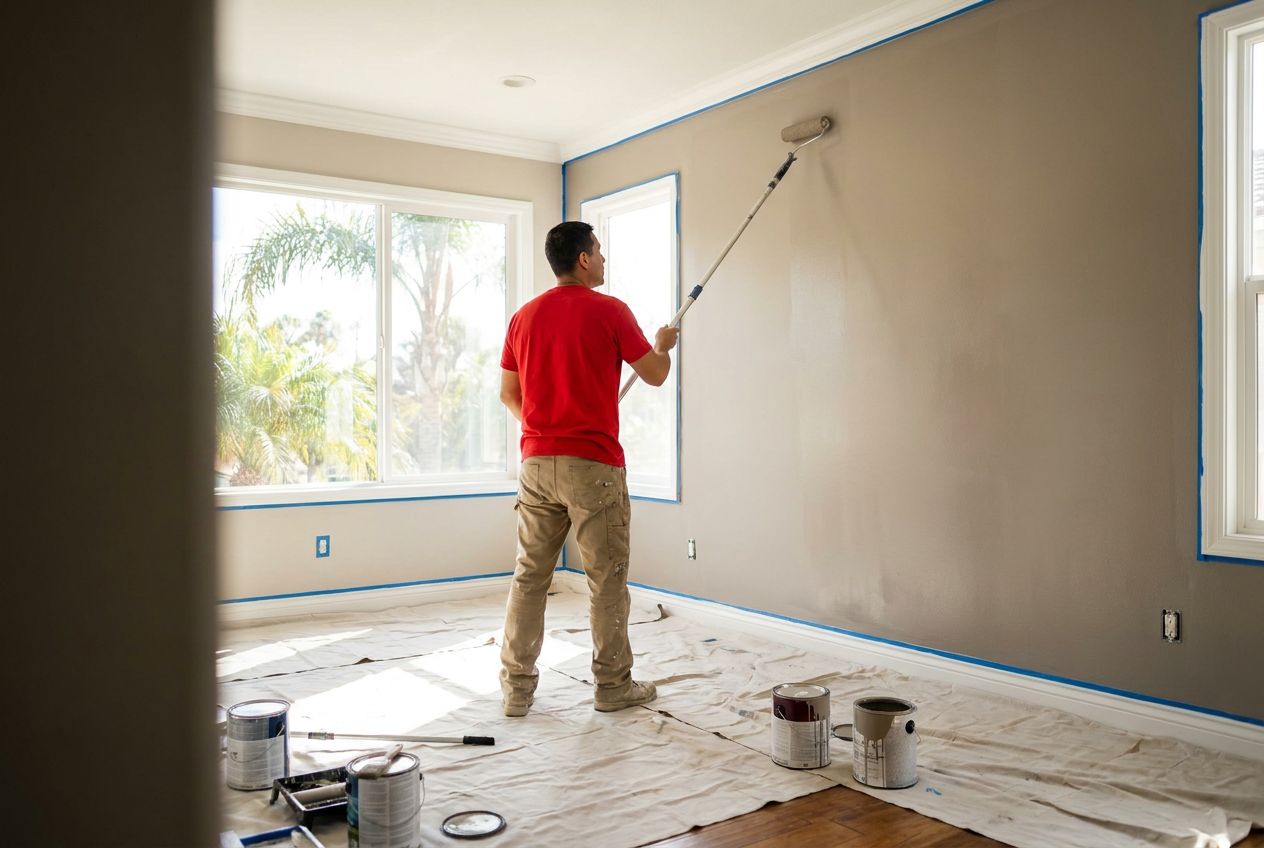 Painter rolling a taped, drop-clothed living room