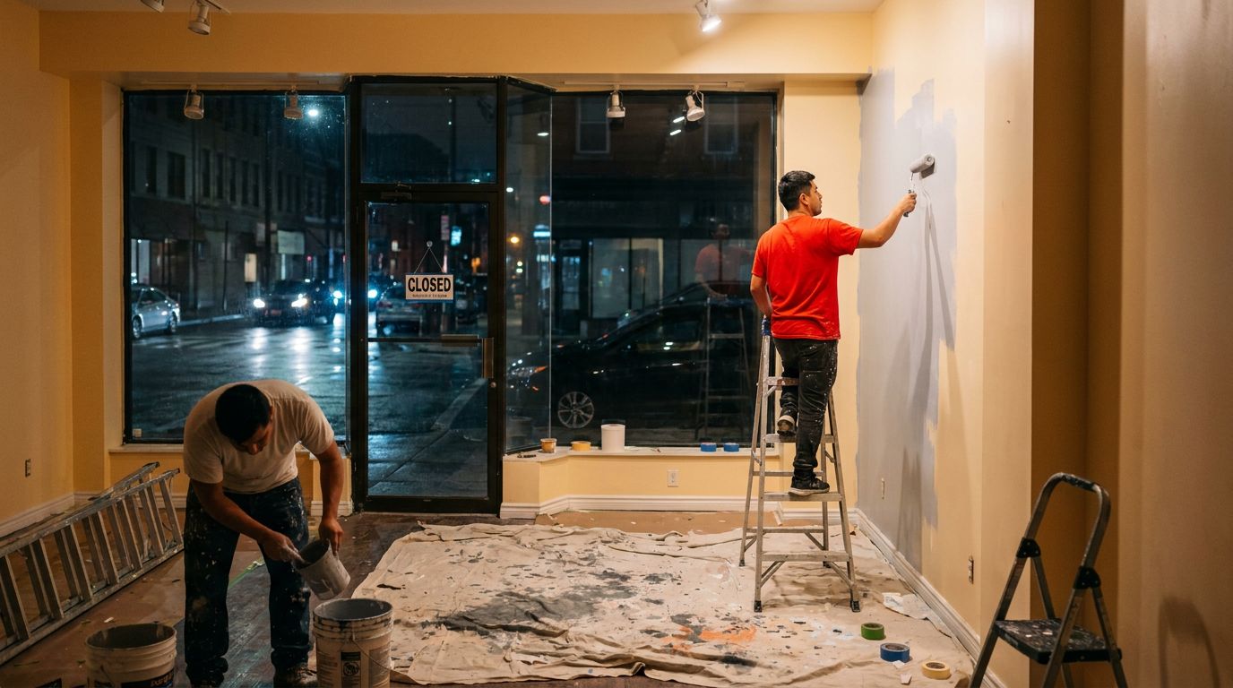 OverTop crew repainting a closed retail store at night